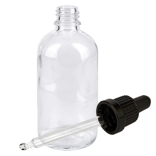 100ml pipetfles zwart OV ClearLine UT18/100 100 ml pipetfles van helder glas met afneembare zwarte druppelaar ClearLine UT18, laboratoriumkwaliteit