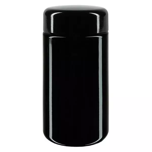 Pot met wijde hals + paars glas 100ml, met zwart deksel Pot met wijde hals + paars glas 100ml, met zwart deksel