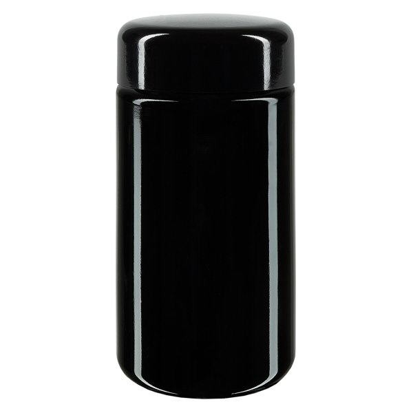 Pot met wijde hals + paars glas 100ml, met zwart deksel Pot met wijde hals + paars glas 100ml, met zwart deksel