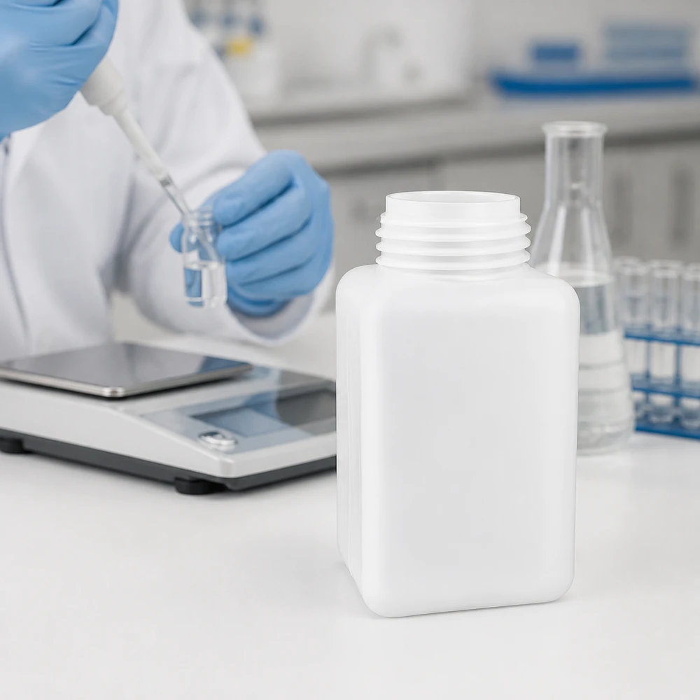 Chemicaliënfles 1000 ml, wijde hals Chemicaliefles van 1000 ml PE-HD zonder deksel naast reageerbuisjes en maatkolven in het laboratorium