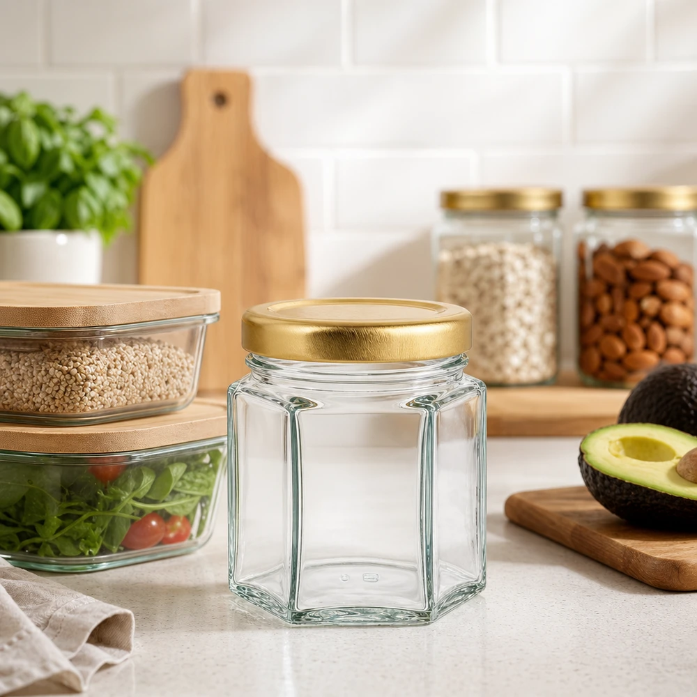 60g honingpot zeshoekig leeg in moderne keuken met voorraadpotten avocado en houten plank als decoratie
