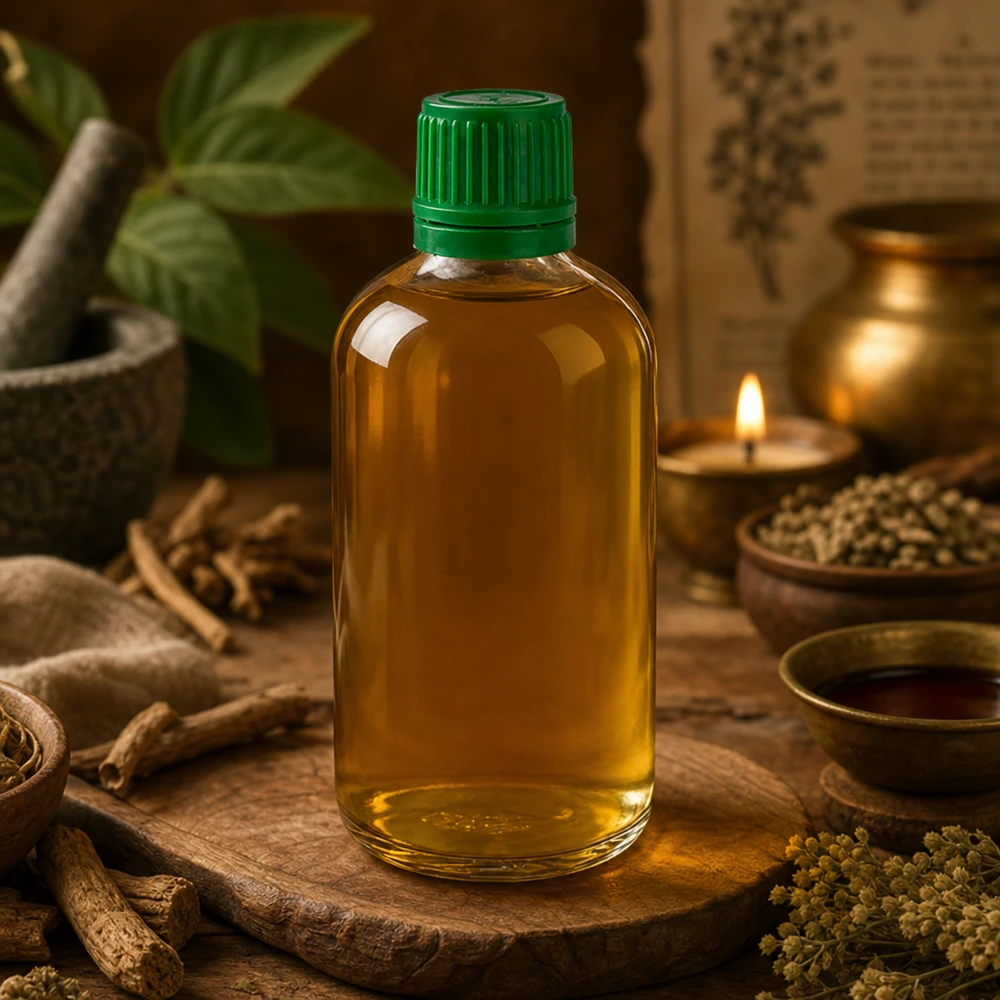 Bruine kruidenolie in een ClearLine UT18-fles van 100 ml van helder glas met groene schroefdop – Ayurveda