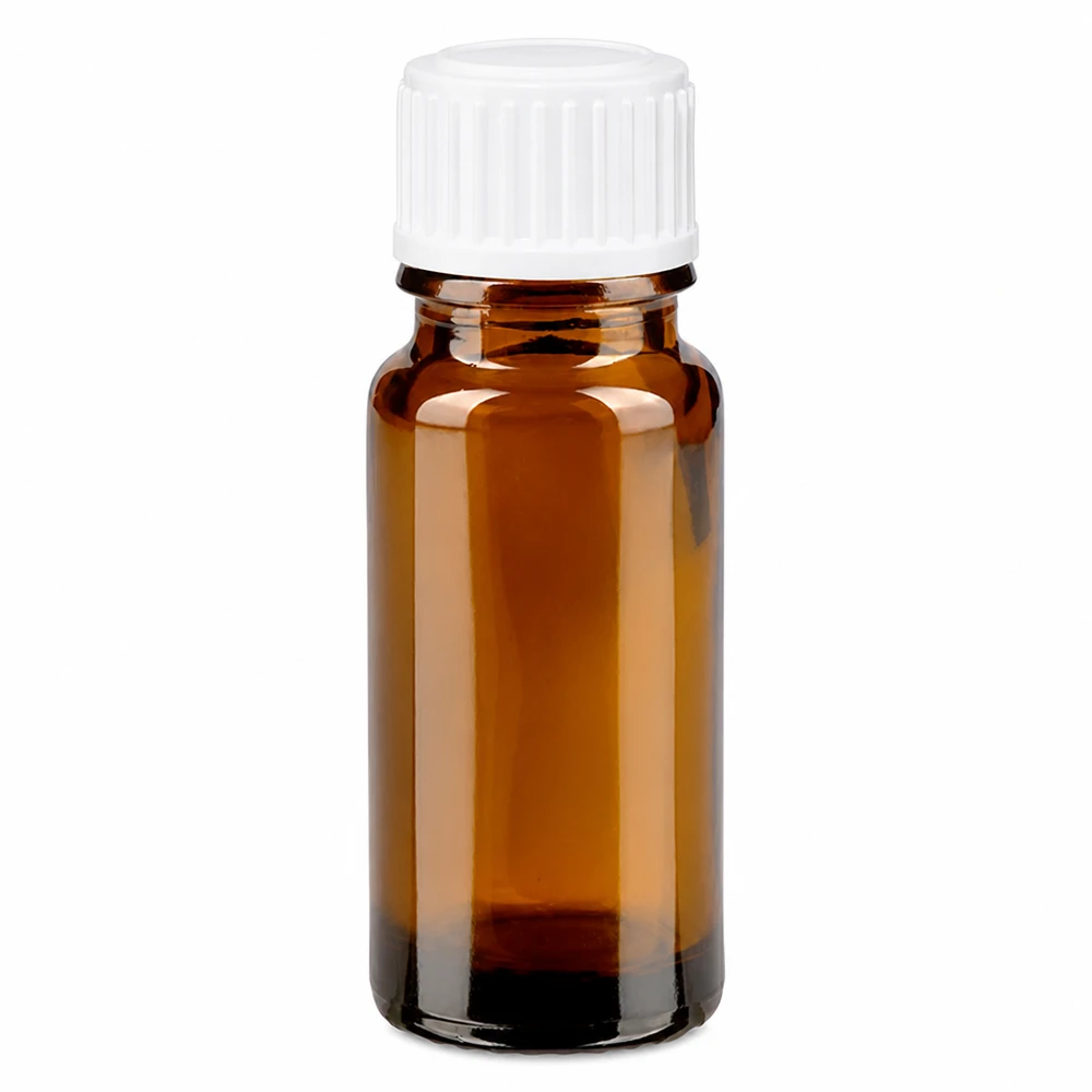 Flesje van 10 ml van UV-werend bruin glas met een witte schroefdop van 11 mm
