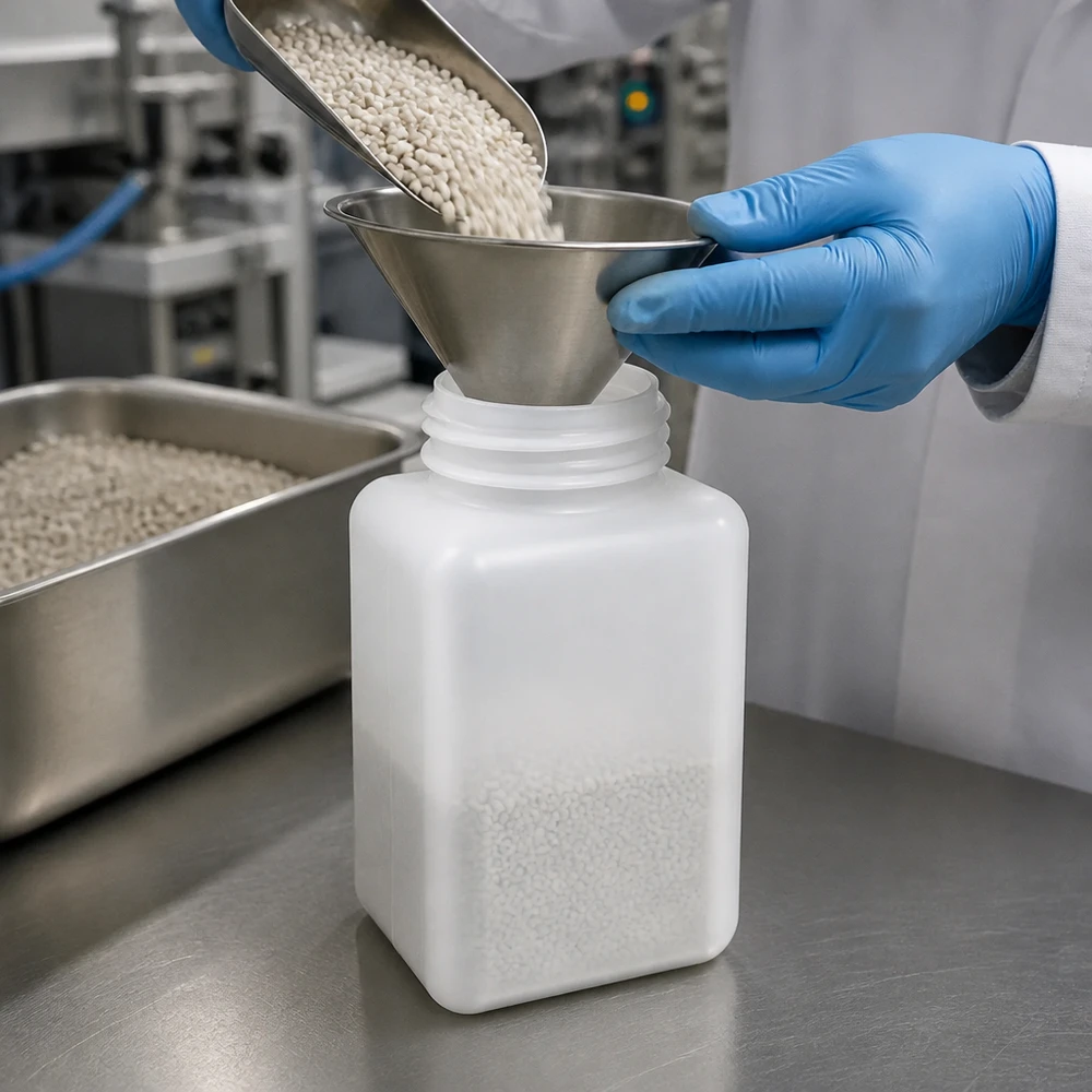 Chemicaliebestendige 1000 ml-fles met brede hals van PE-HD voor granulaten en stortgoederen in gebruik