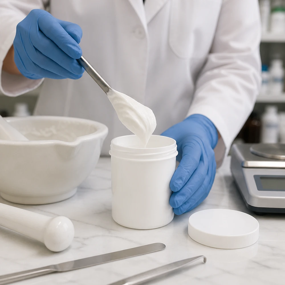 Zalfpotje van 30 g, gemaakt van wit polypropyleen, tijdens het vullen in een steriele laboratoriumomgeving