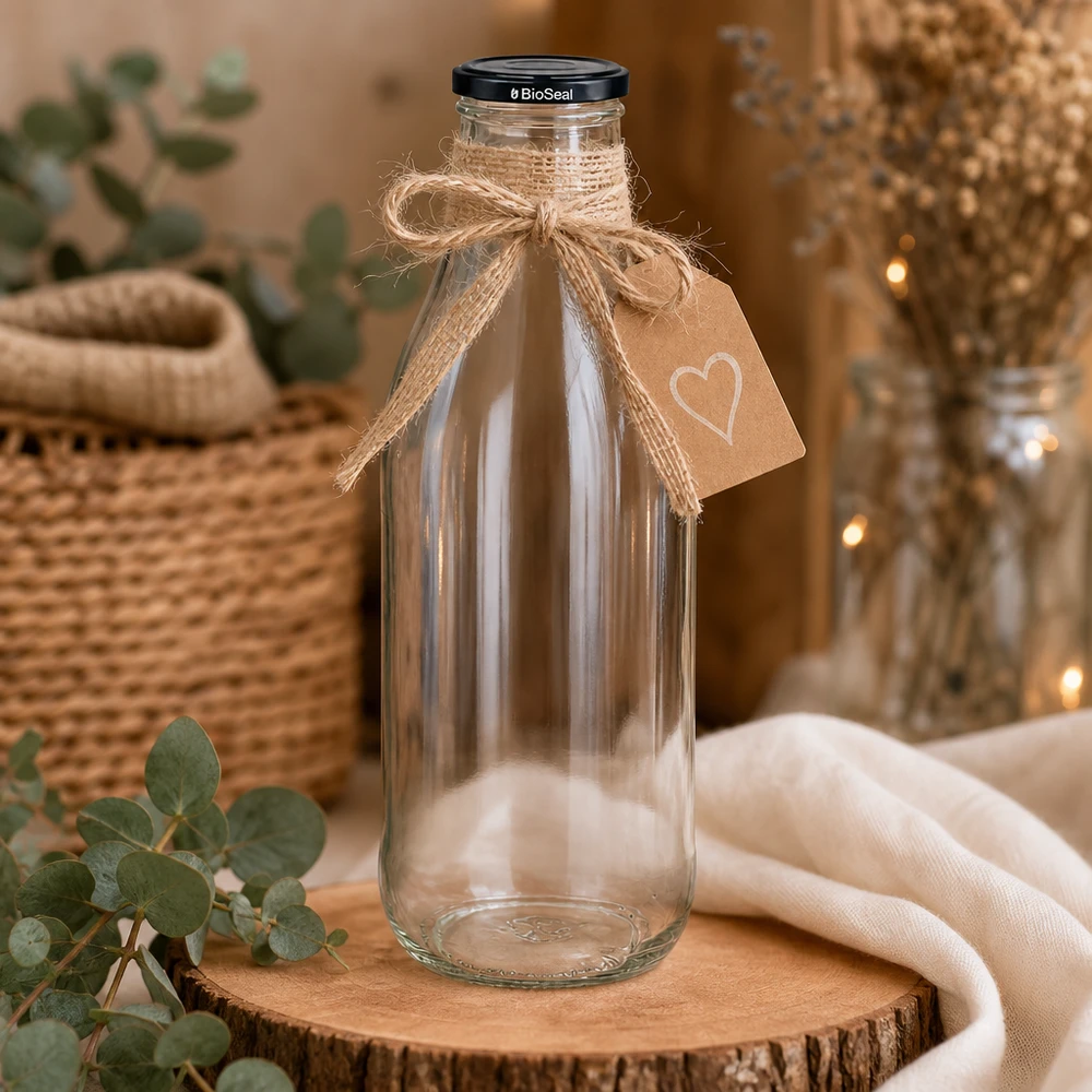 1000ml glazen fles BioSeal deksel op houten schijf gedecoreerd jute strik hart hanger rustieke decoratie duurzaam