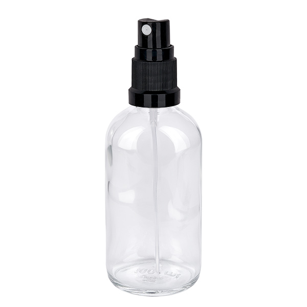 100ml sprayflacon zwart/tr. STD ClearLine UT18/100 Transparante glazen spuitfles van 100 ml met zwarte pomp uit de ClearLine-serie