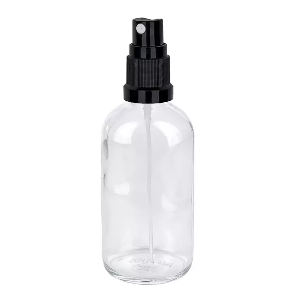 Transparante glazen spuitfles van 100 ml met zwarte pomp uit de ClearLine-serie