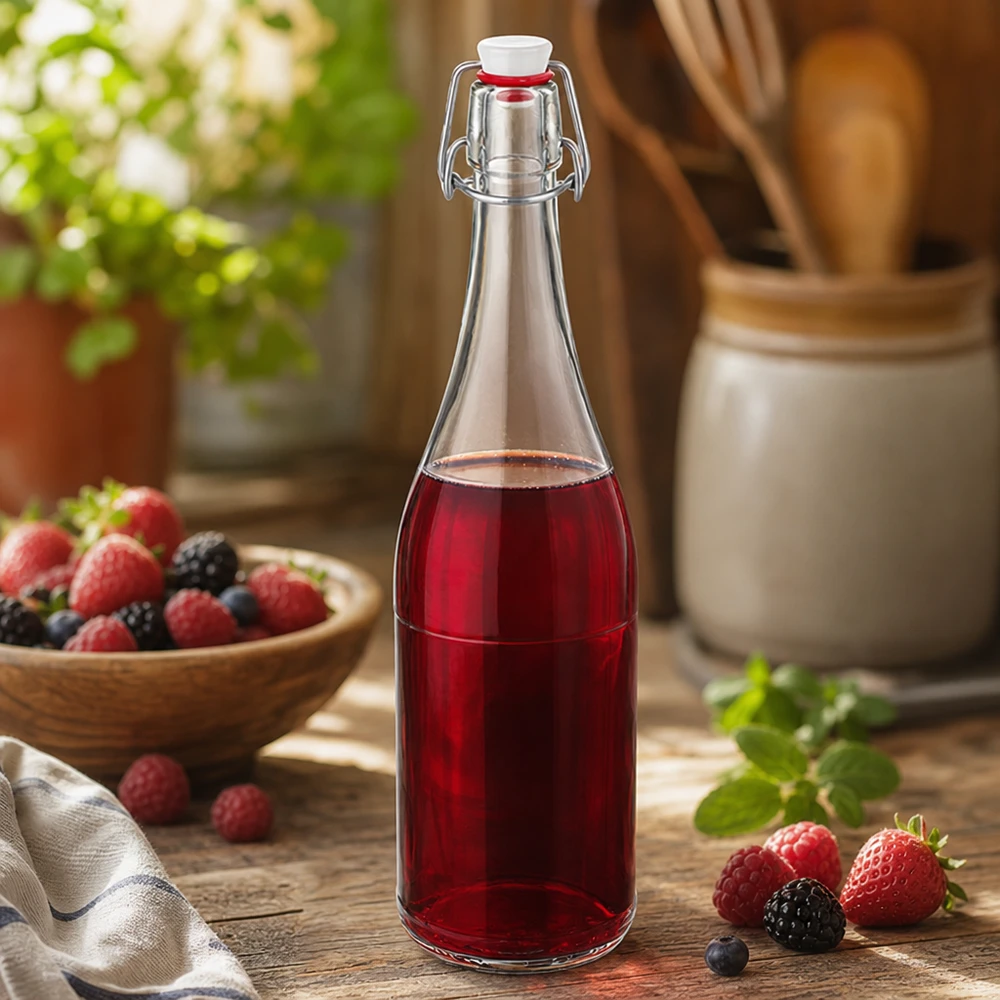750ml glazen fles swing top gevuld met bessensap keuken stilleven gemengde bessen fruitdrank rustiek