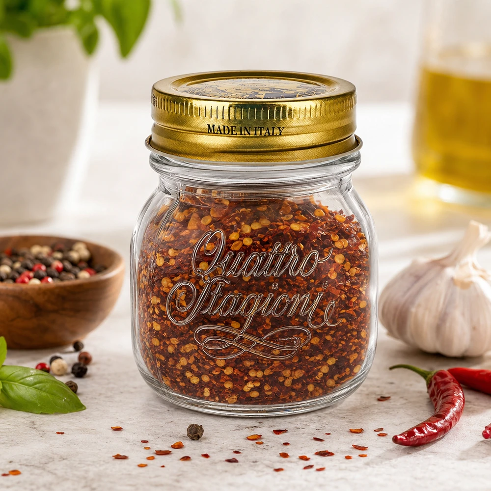 150 ml rond glas "Quattro Stagioni" met deksel 150ml Quattro Stagioni rond potje met gouden deksel gevuld met chilikruidenmix Gemaakt in Italië