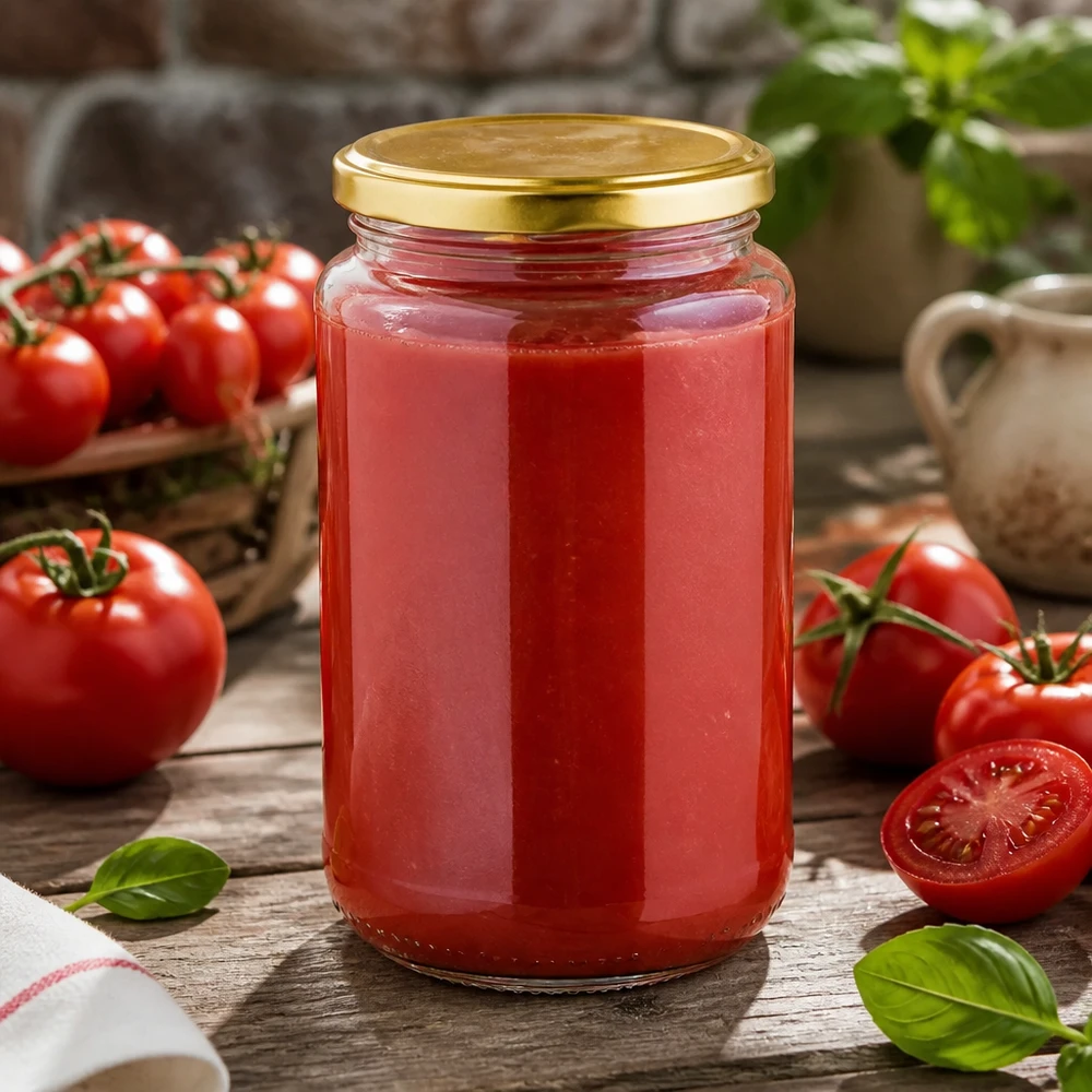UNiTWIST-glas van 320 ml met een BasicSeal-deksel in goud, omringd door verse rode tomaten en basilicum