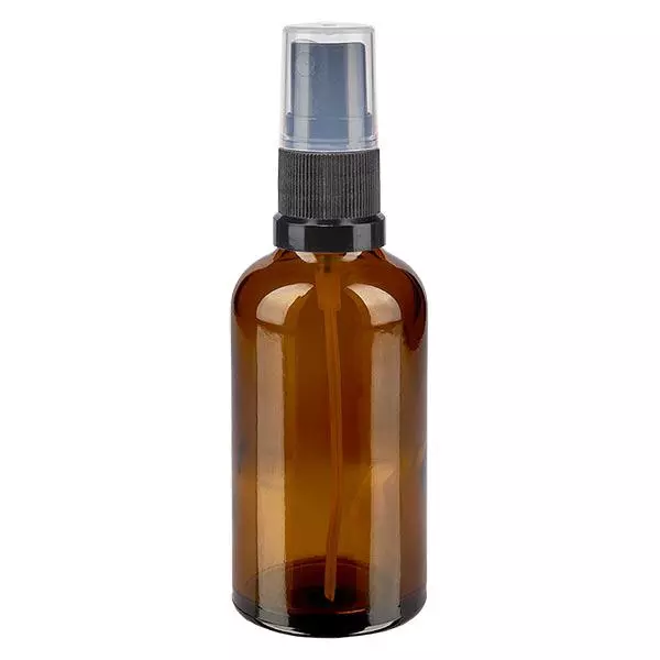 Bruin glazen flessen 50ml met zwart pompverstuiver Bruin glazen flessen 50ml met zwart pompverstuiver