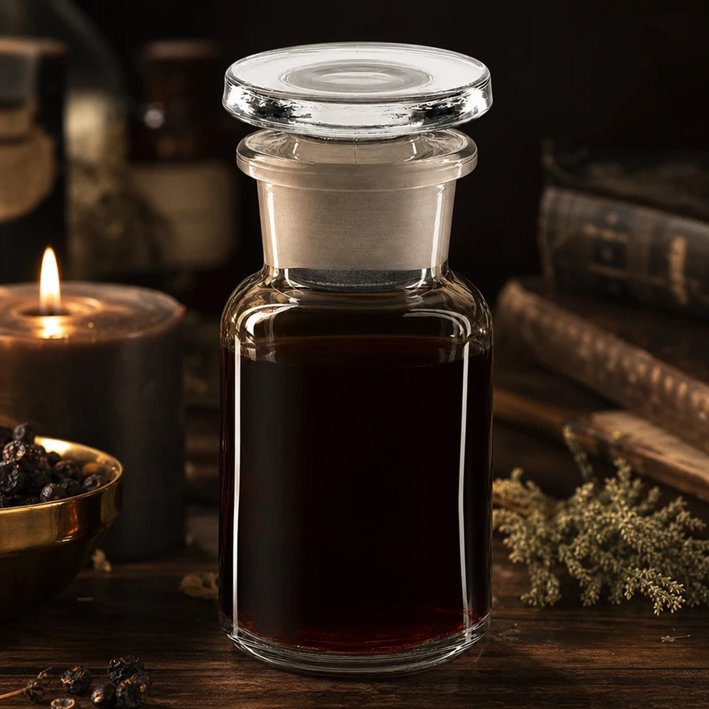 Decoratieve laboratoriumfles van 50 ml met wijde hals en geslepen glazen stop voor kruidenextracten