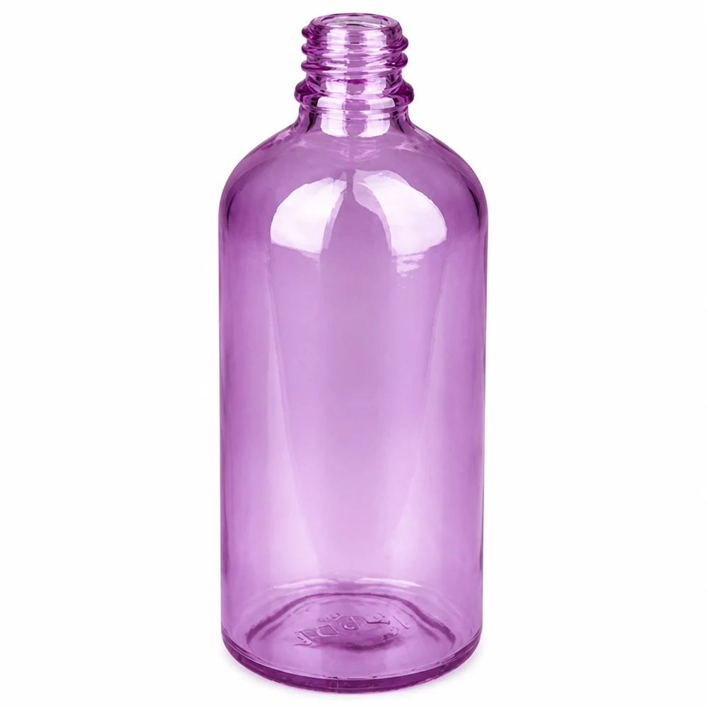Medische spuitfles 100ml paars transparant PET plastic met UT18 schroefdraad zonder druppelbescherming
