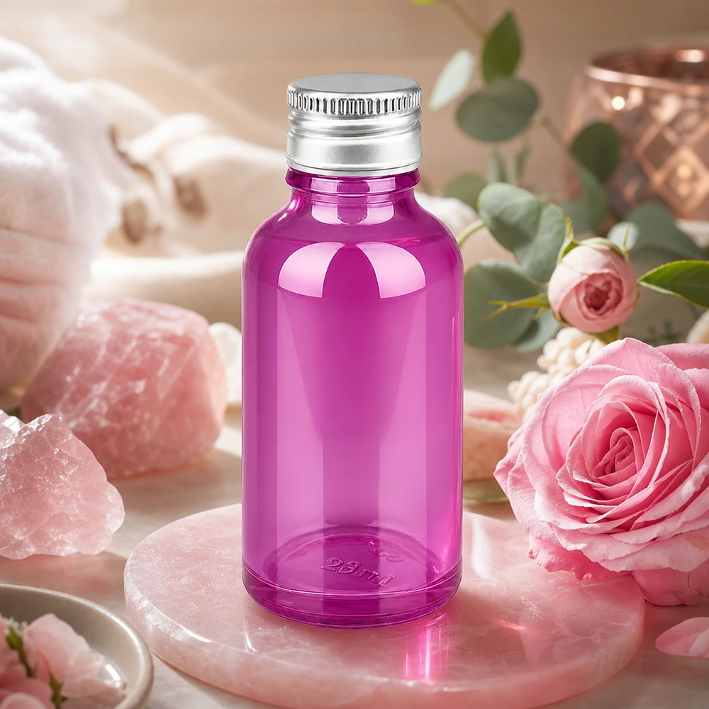 30ml fles 11mm aluminium-zilver schroefdop standaard PurpleLine.UT18/30 Compacte 30 ml violette glazen fles, ideaal voor reissets en cosmeticamonsters