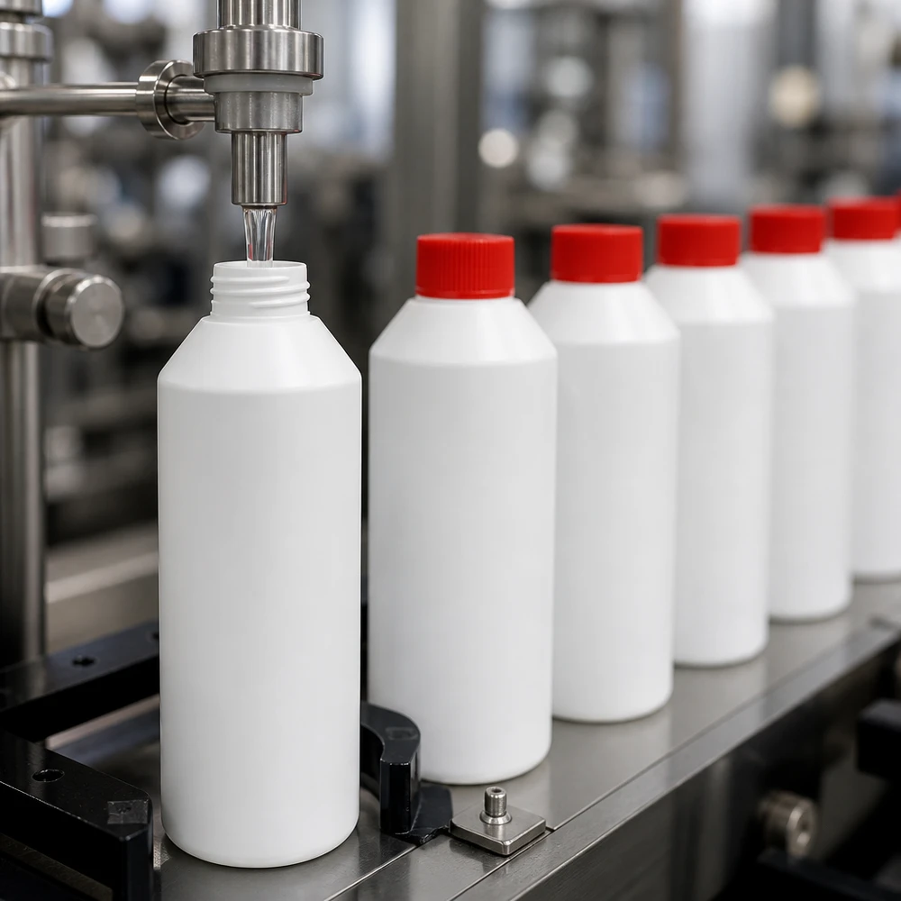 HDPE-apotheekflesjes van 250 ml, wit met rode dop, geproduceerd in een geautomatiseerde farmaceutische fabriek