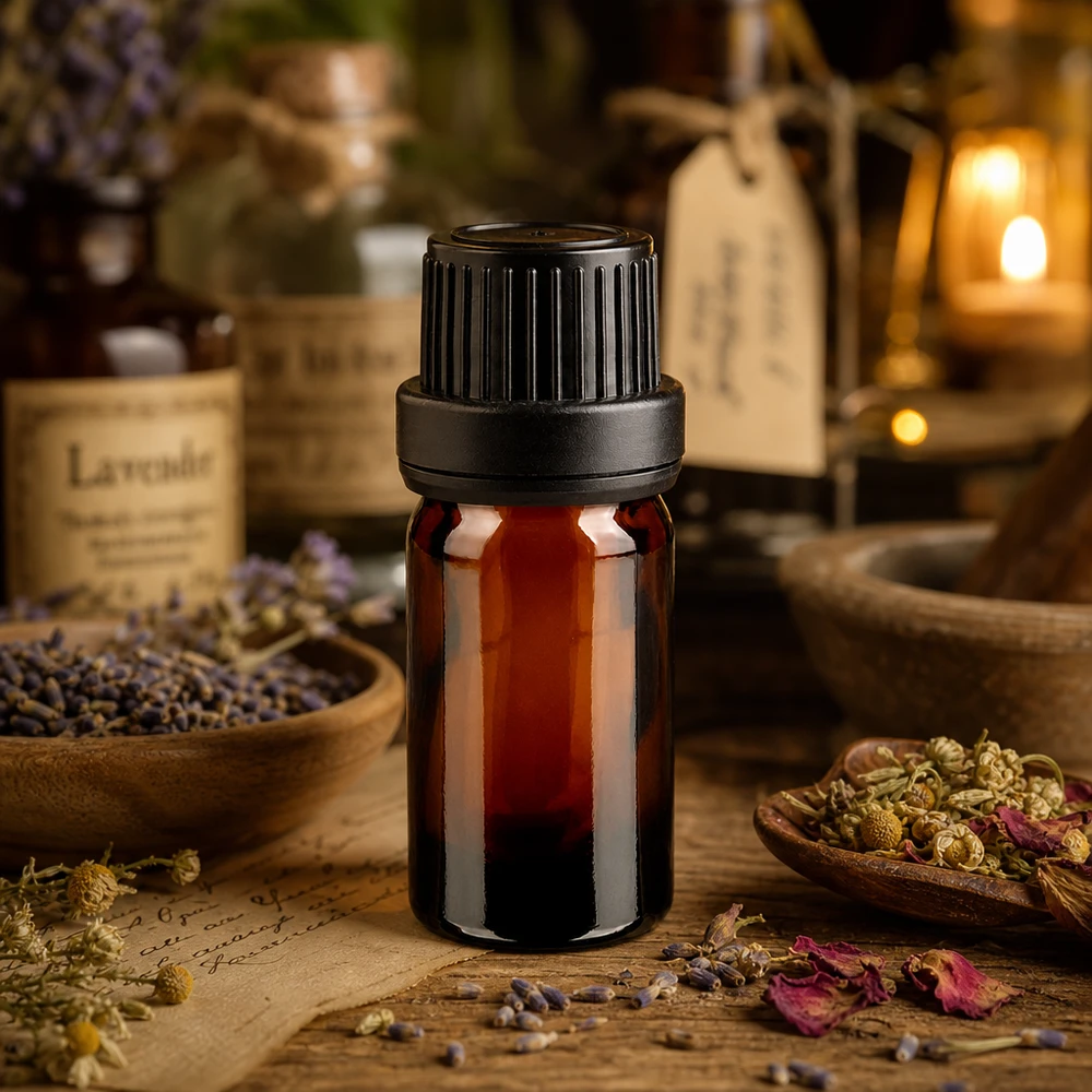 Bruin apothekersflesje van 5 ml met een opening van 11 mm, gevuld met gedroogde kruiden en bloemen