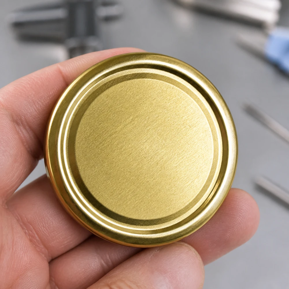 100 mm BasicSeal-deksel goud (TO100) UNiTWIST Gegroefde twist-off-afsluitdop 100 mm goudkleurig BasicSeal TO100, liggend in de handpalm