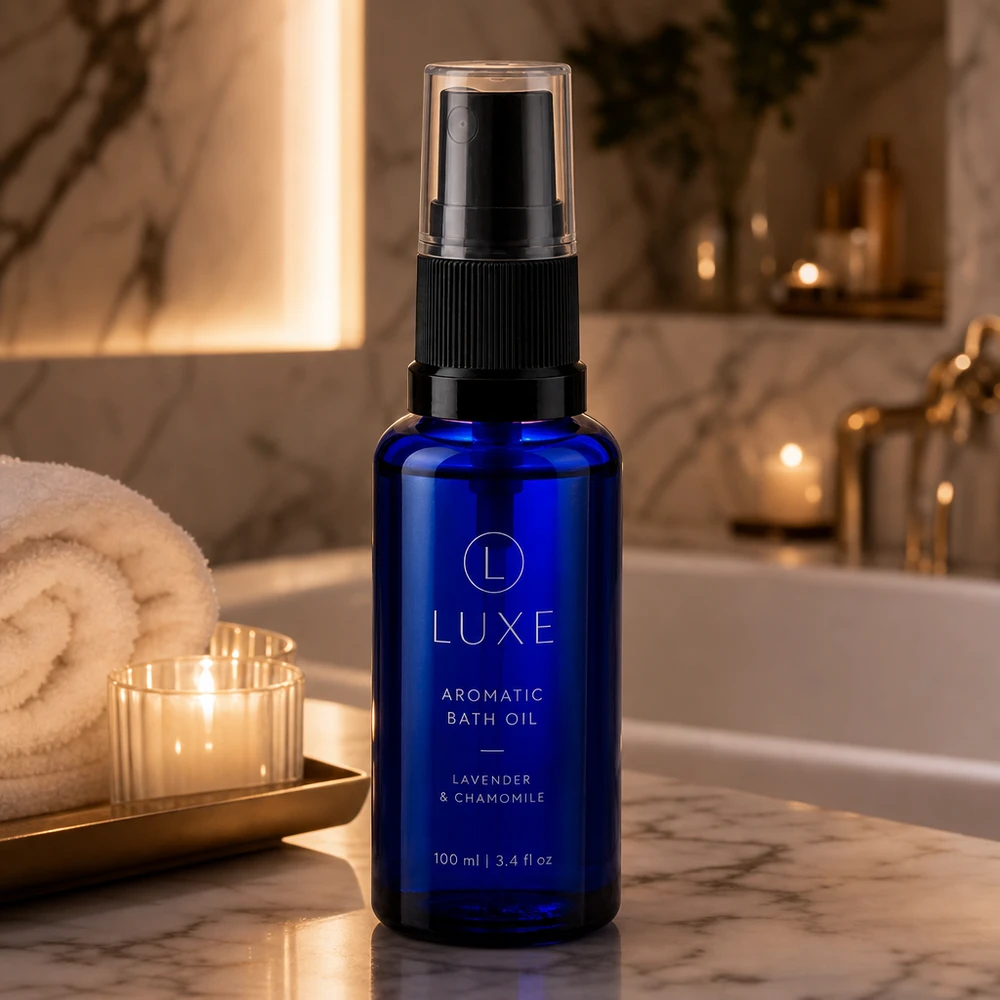Blauwe glazen flessen 30ml met zwart pompverstuiver Blauwe glazen spuitfles van 30 ml met zwarte pomp en beschermdop voor etherische oliën