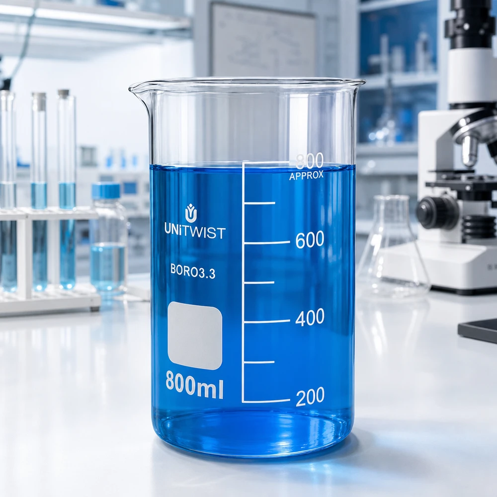 UNITWIST 800 ml laboratoriumglas, hoge cilindrische vorm met wit opschriftvlak en schaalverdeling