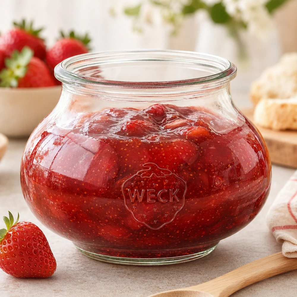 WECK decoratieve pot RR80 560ml met zelfgemaakte aardbeienjam en houten lepel op keukenblad