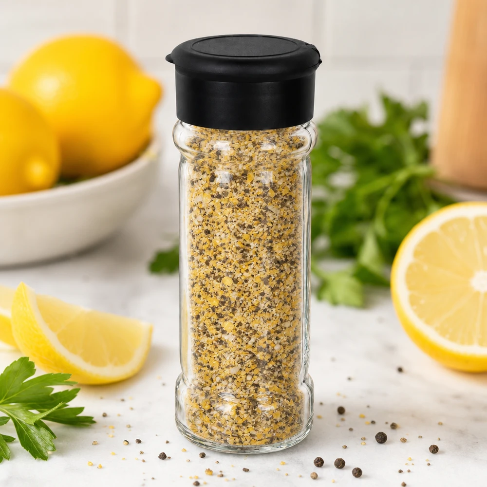 Compact kruidenpotje van 100 ml met zwarte strooier, ideaal voor mengsels van citroen en zout