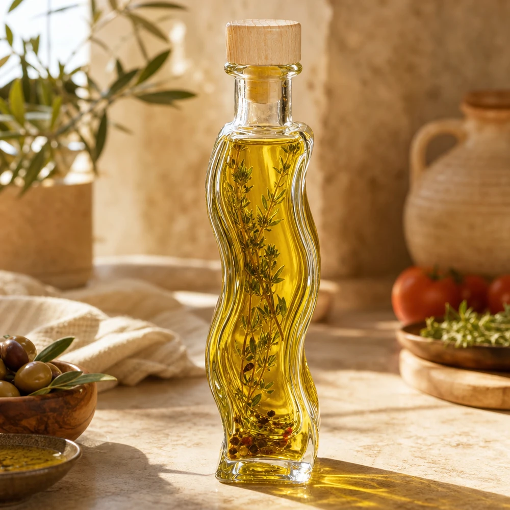 100ml glazen fles Melissa gevuld met kruidenolie rozemarijntakjes Mediterrane keuken olijfolie houten kurk kruidenolie