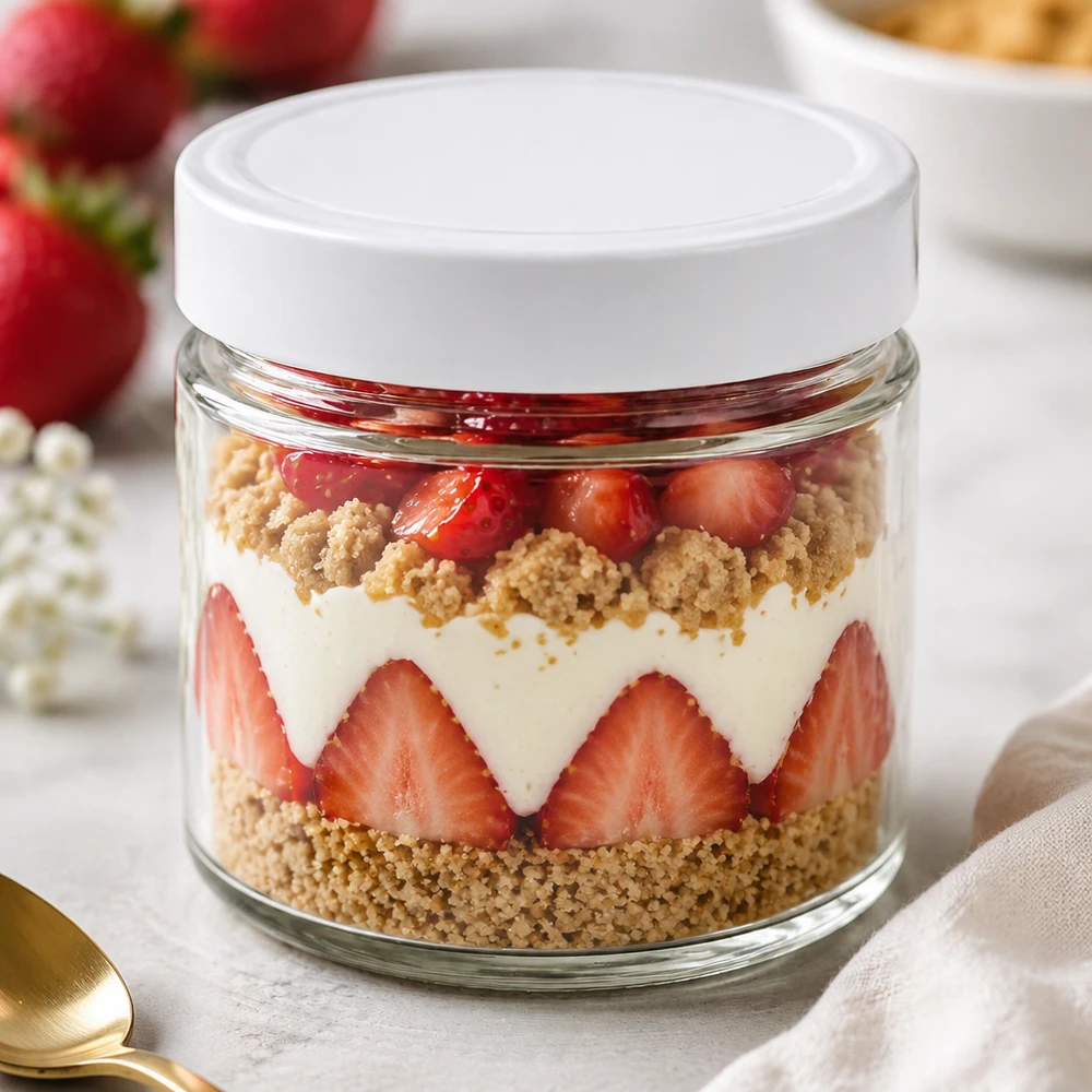 135ml rond glas BasicSeal deksel wit dessertglas gelaagd dessert aardbeien room kruimel tiramisu dessert