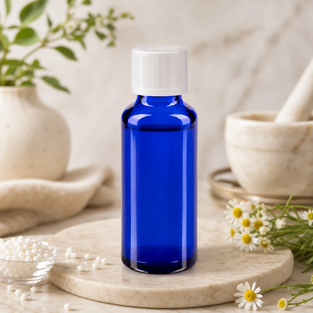 Kleine blauwe glazen apothekersfles met een witte KiSi-dop in een natuurlijke omgeving