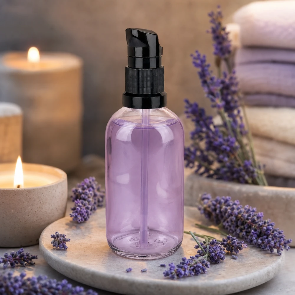 Lavendel-pompfles 100 ml paars, met zwarte doseerpomp, ClearLine UT18 cosmeticafles