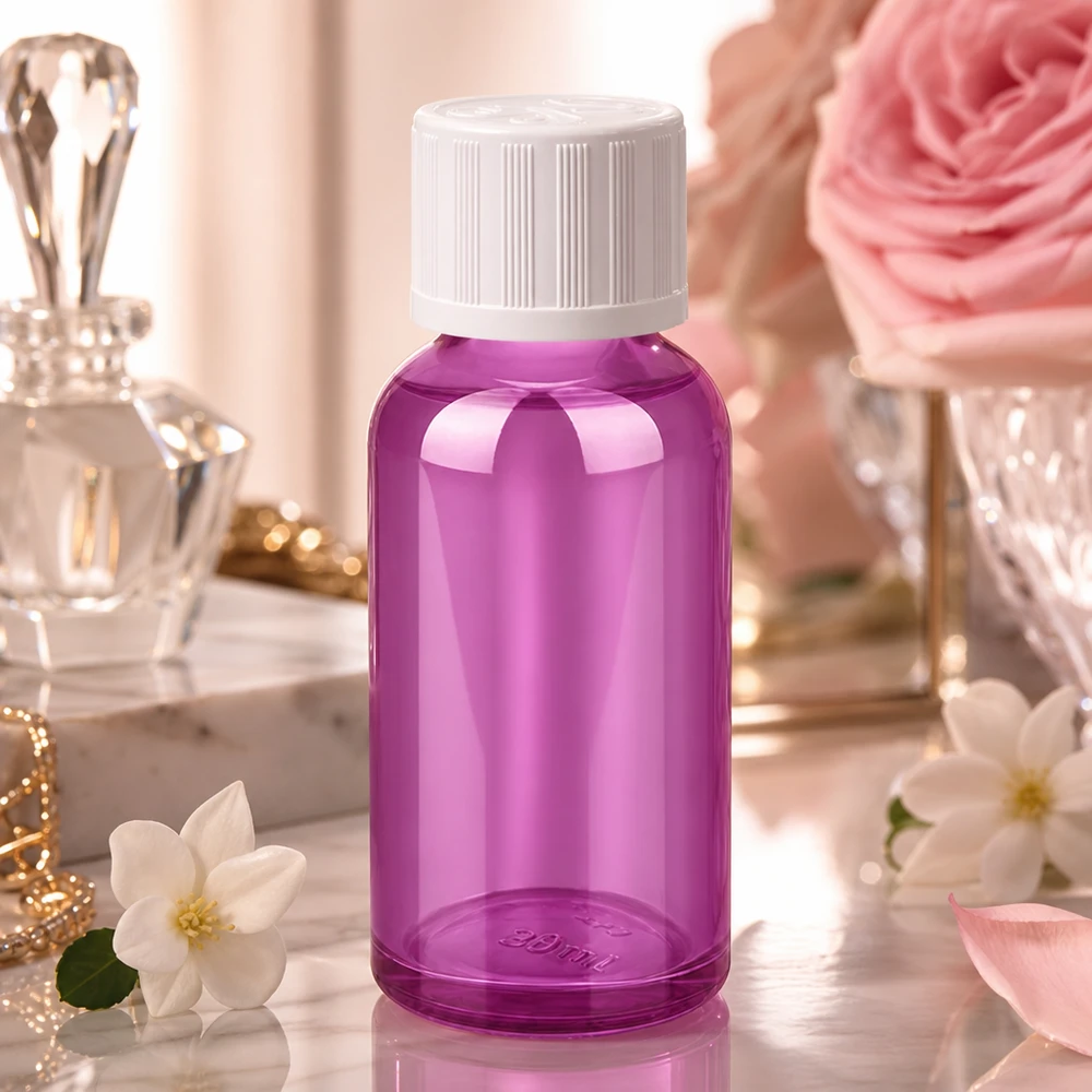30ml fles 11mm schroefdop wit standaard kinderveilige PurpleLine UT18/30 30ml violette fles met UT18/30 draad - perfect voor kleine hoeveelheden en monsters