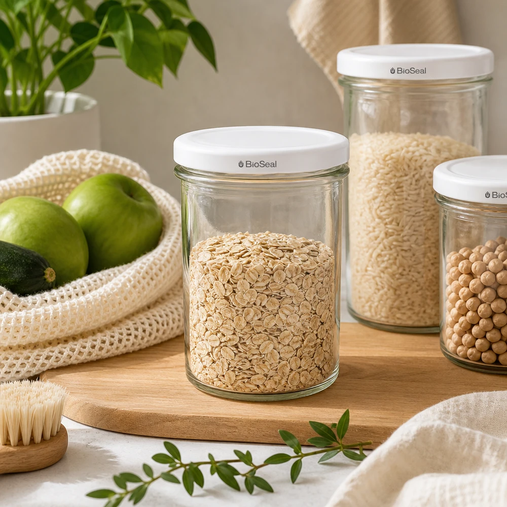 350ml bekers met BioSeal deksel wit UNiTWIST UNiTWIST Sturz350 Vorratsgläser mit TO82 BioSeal in nachhaltiger Zero-Waste Küche für plastikfreie Aufbewahrung
