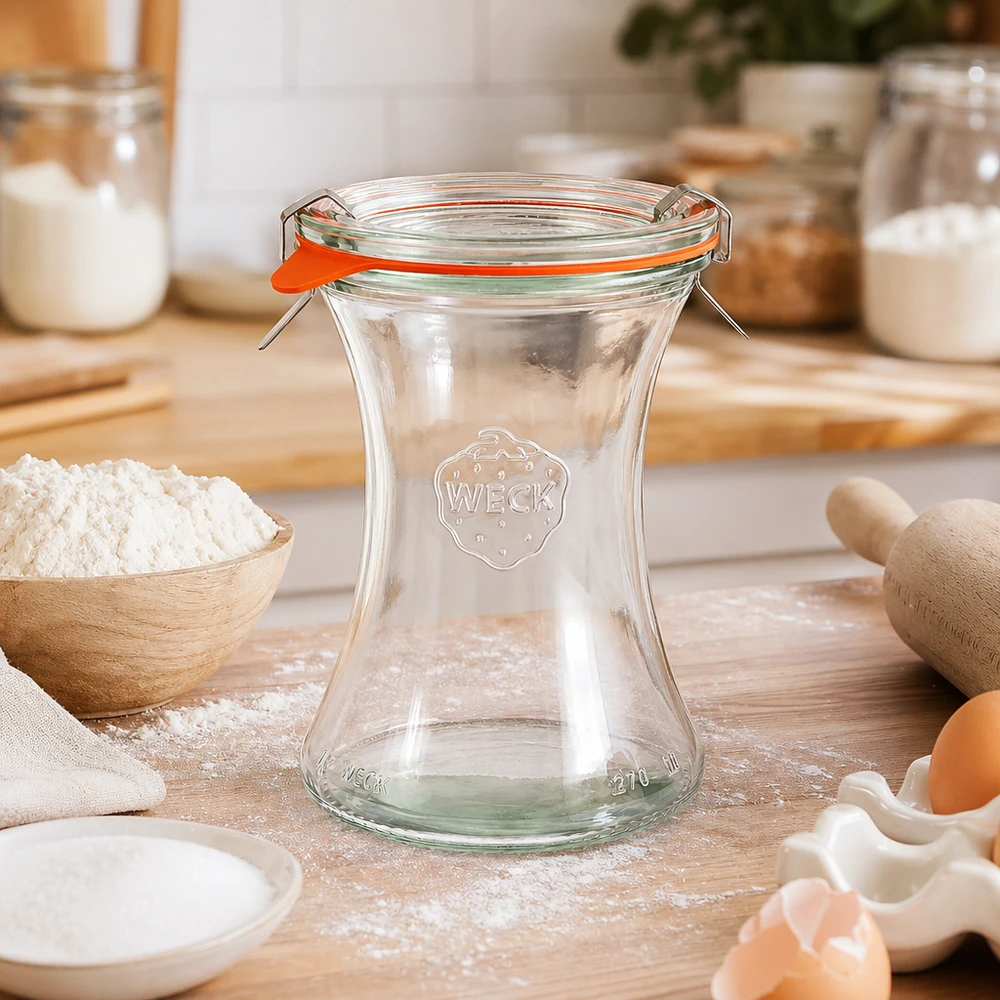 WECK delicatessenpot 370ml RR80 leeg in keuken met bakingrediënten bloem eieren houten keukengerei sfeer keuken