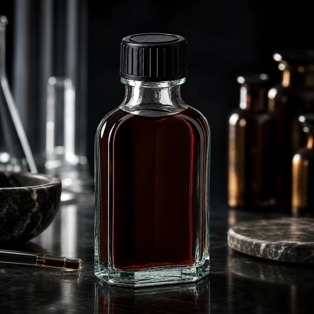 Kleine glazen fles van 50 ml, merk Meplat, met zwarte dop, tussen laboratoriumapparatuur en een vijzel