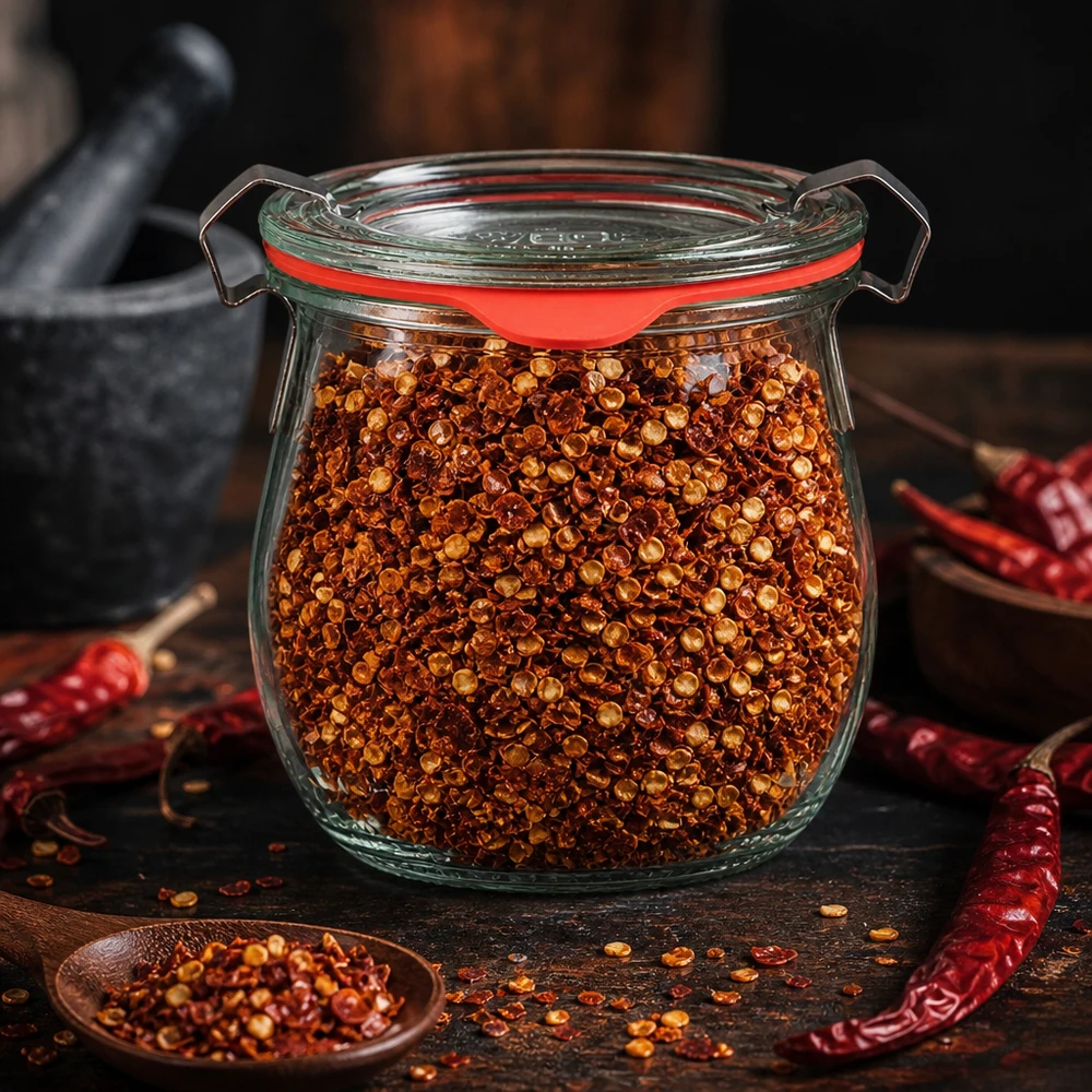 Luchtdichte WECK-pot van 220 ml, chilivlokken, voorraadbewaring, potdeksel met beugel, rode rubberen afdichting, keuken