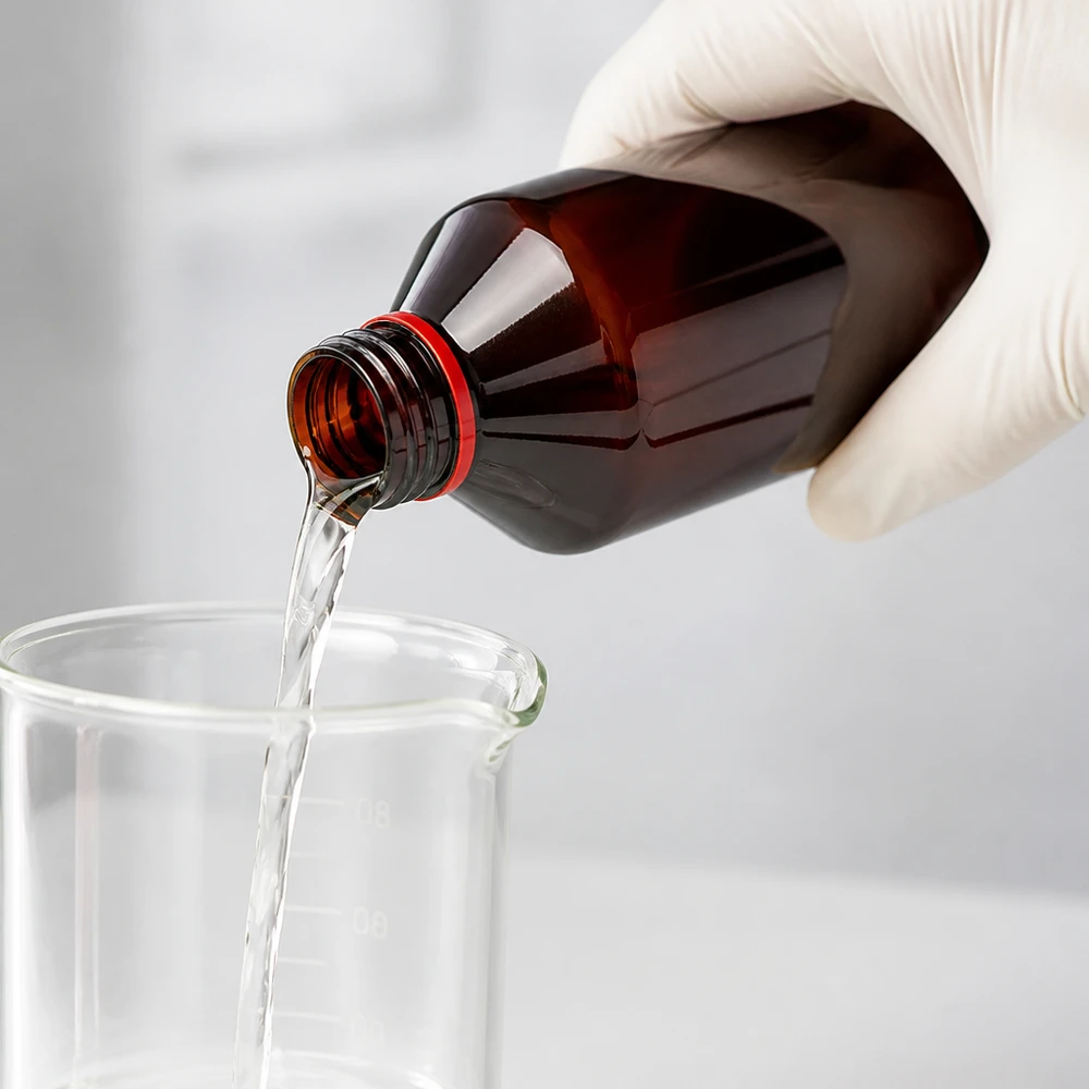 1000ml PET-fles met wit/rode OV-dop PET-fles voor chemicaliën, 1000 ml, amberkleurig met rode schroefdop, OV bij het doseren in het laboratorium