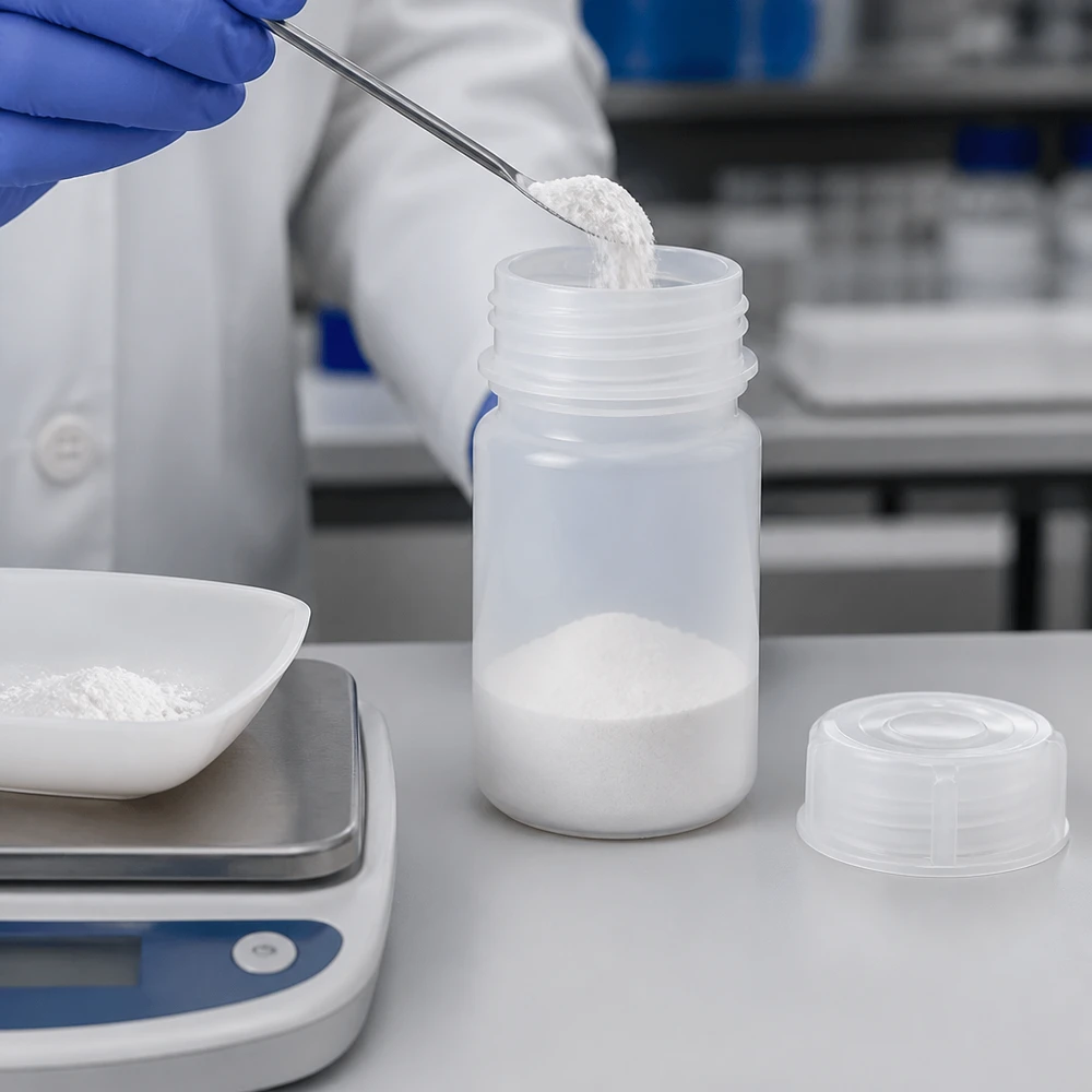 Laboratoriumflesje van 50 ml voor kleine hoeveelheden, met kindveilige schroefdop van kunststof