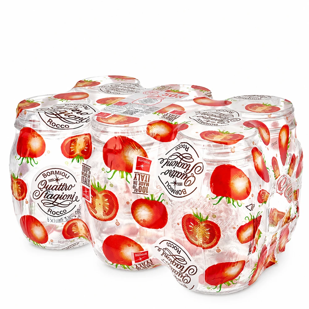 Bormioli Rocco Quattro Stagioni ronde potten van 500 ml in een set van 6 met aardbeiendessin en schroefdop voor inmaakpotten