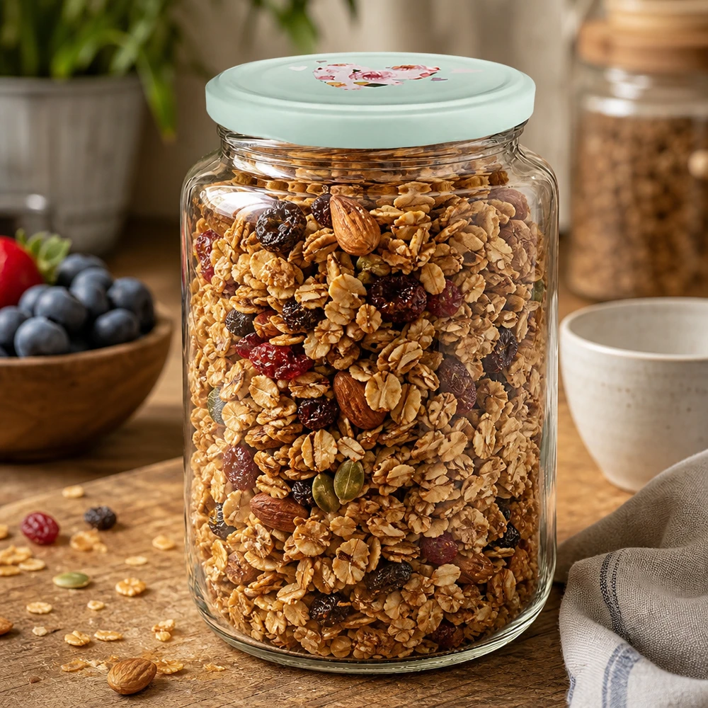 795 ml ronde pot gevuld met muesli en noten toont mint hartvormige deksel als praktische voorraadpot voor ontbijtgranen