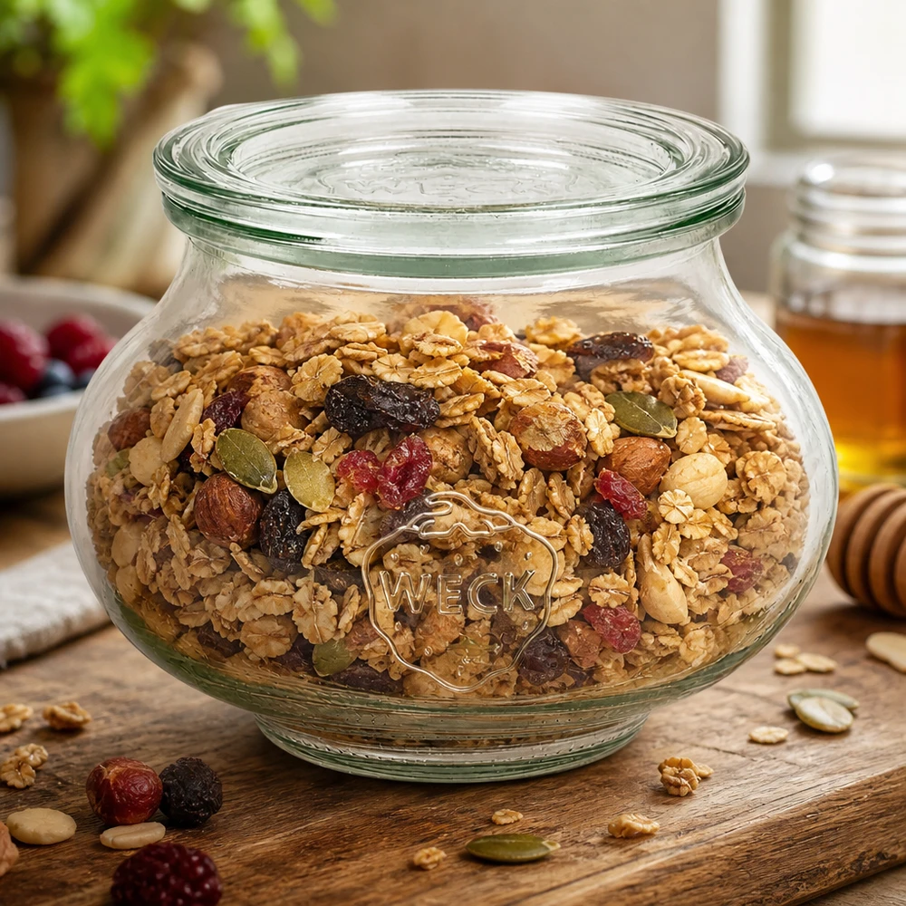 WECK decoratieve pot 560ml RR80 met zelfgemaakte muesli noten gedroogd fruit als voorraadpot op een houten tafel