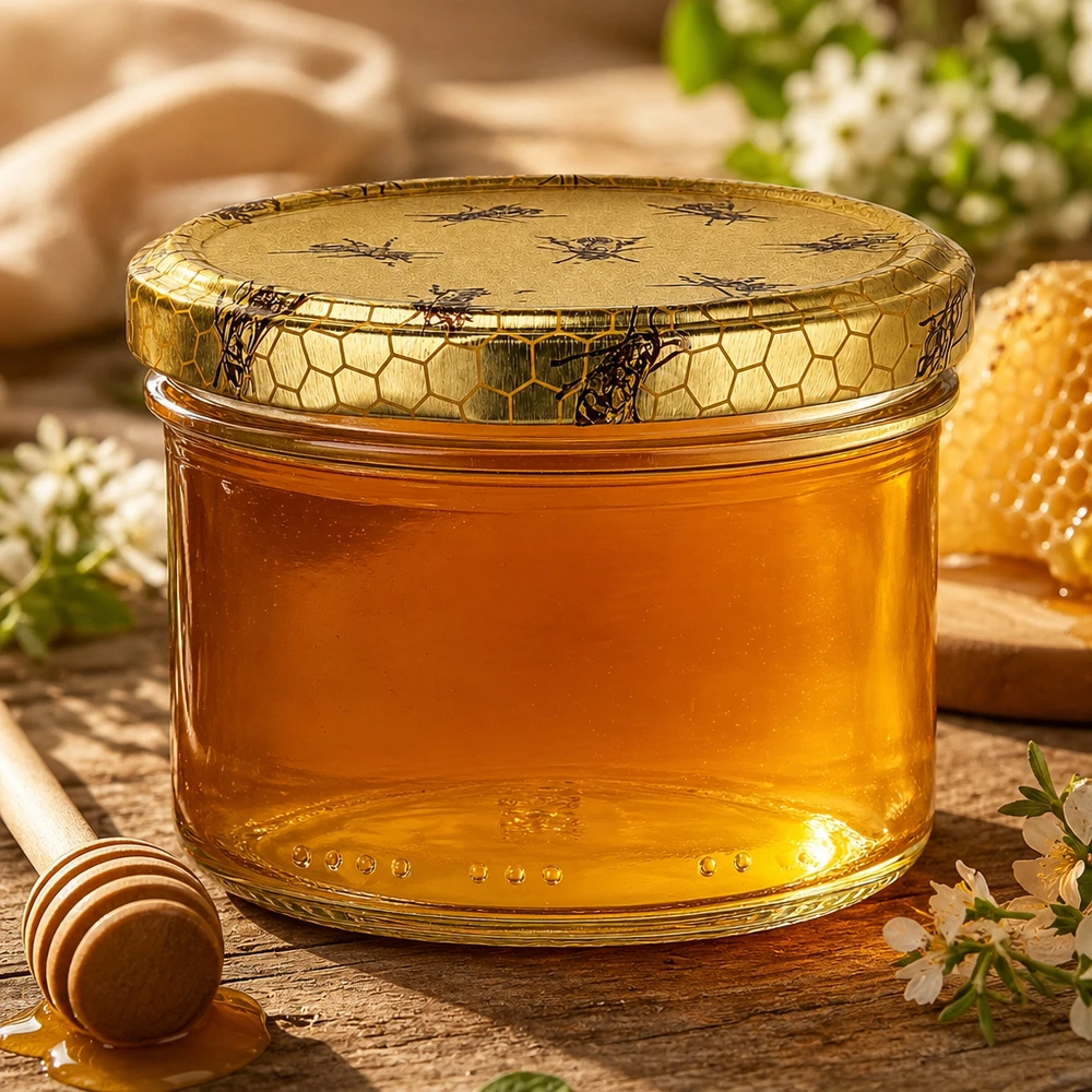 Honingpot 300 g met deksel met honingraatmotief BasicSeal UNiTWIST 300g honingpot met gouden bijenmotief deksel gevuld met pure natuurhoning naast honingraat en honingstick