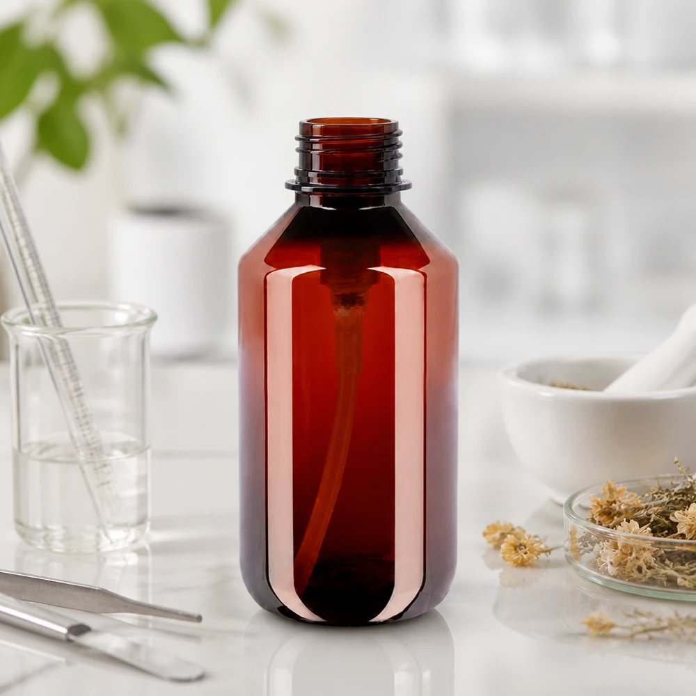 200 ml PET medicijnfles met wit dispenserpomp, standaard Stabile bernsteinfarbene PET Dosierflasche 200ml mit weitem Hals und Schraubverschluss
