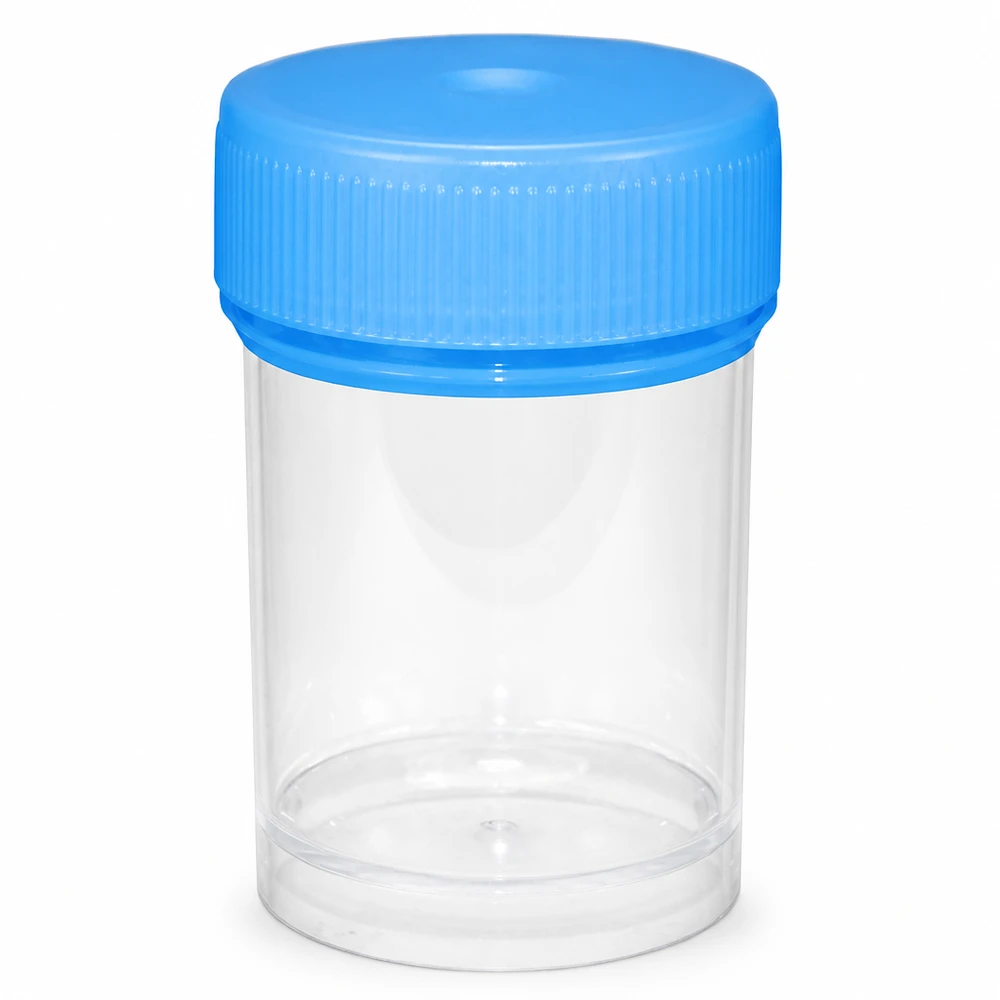 Universele kunststof pot (pathologie pot) 20ml Universele monsterbeker van 20 ml van doorzichtige kunststof met blauwe deksel voor laboratoriumgebruik