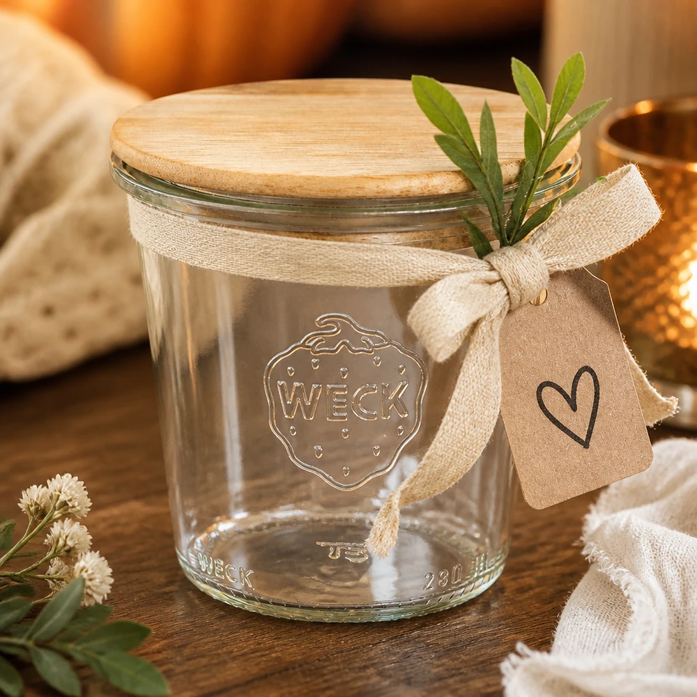 290ml stortglas hoge WECK RR80 met hout deksel WECK beker 290ml RR80 met bamboe deksel en cadeaulabel als decoratie met kruiden en stoffen lint