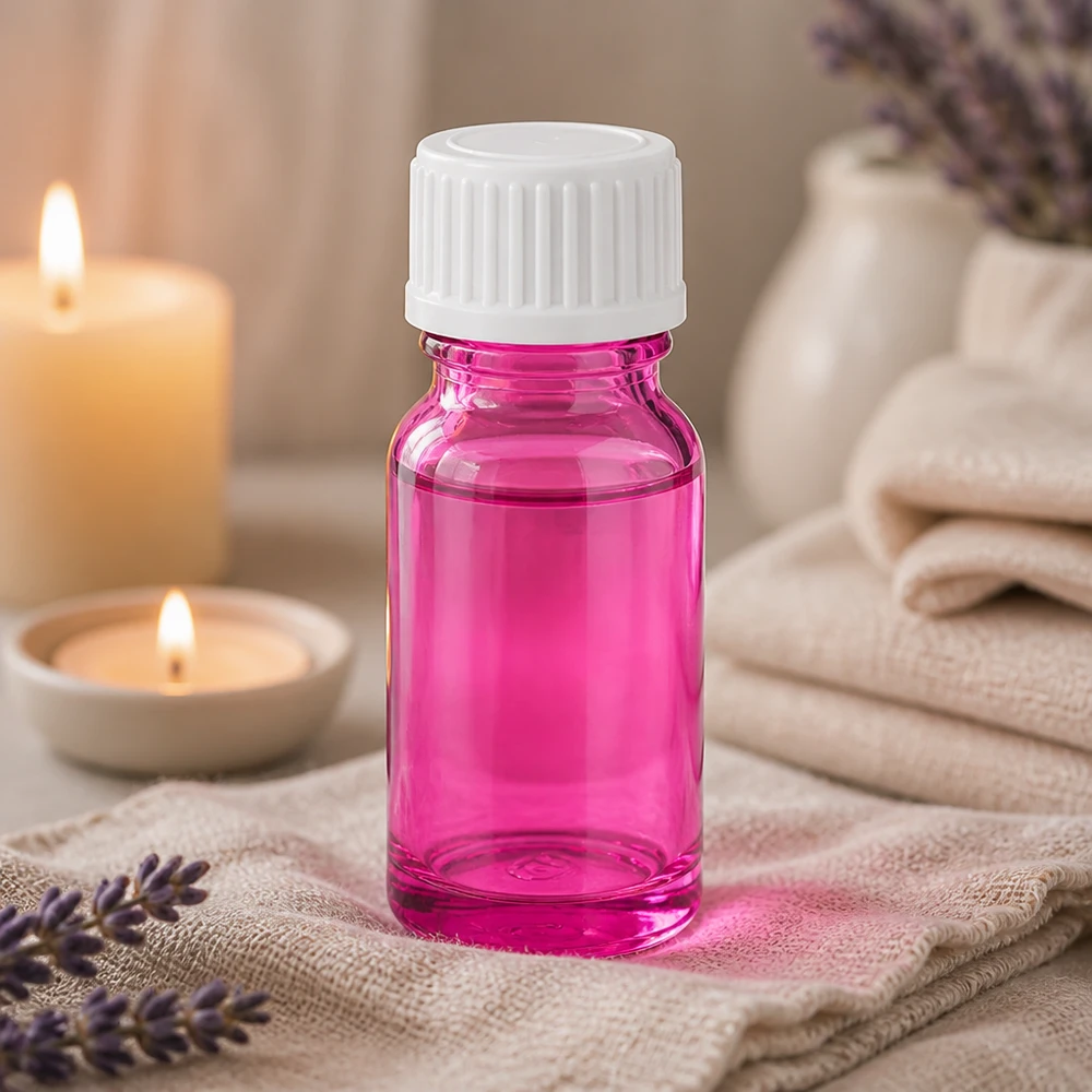10ml (bol)fles. 3mm schenkring wit standaard PurpleLine. UT18/10 Elegant glazen designflesje van 10 ml in bessenkleuren met ergonomische schroefdop