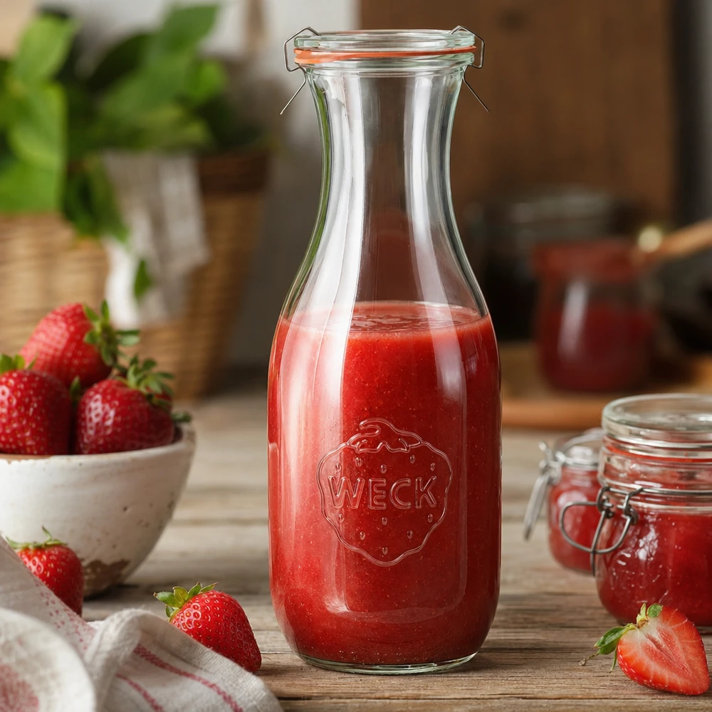 WECK sapfles 1062ml RR60 gevuld met rode aardbeiensap decoratief opgesteld in de keuken met verse aardbeien