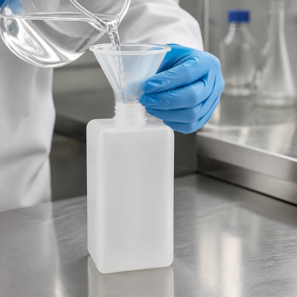 Chemicaliënfles 1500 ml, nauwe hals, incl. sluiting GL 32 Veiligheidsuitrusting bij het vullen van een chemische fles van 1500 ml PE-HD met smalle hals op een roestvrijstalen oppervlak