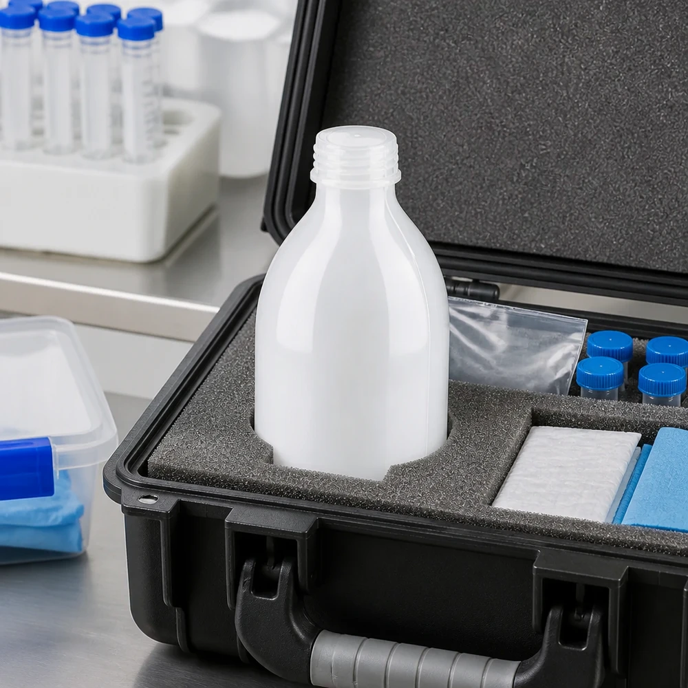 Nauwe hals laboratoriumfles 250ml zonder sluiting Compacte laboratoriumfles met smalle hals van 250 ml zonder dop, met een op maat gemaakte houder in de koffer