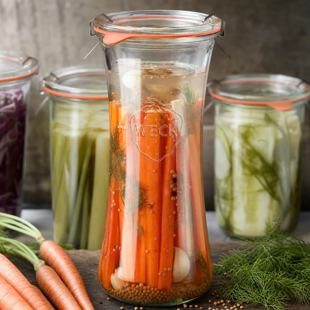 700ml delicatessenglas compleet WECK RR40 WECK delicatessenpot 700ml RR80 met ingemaakte wortelen en dille, gefermenteerde groenteconserven in inmaakpotten
