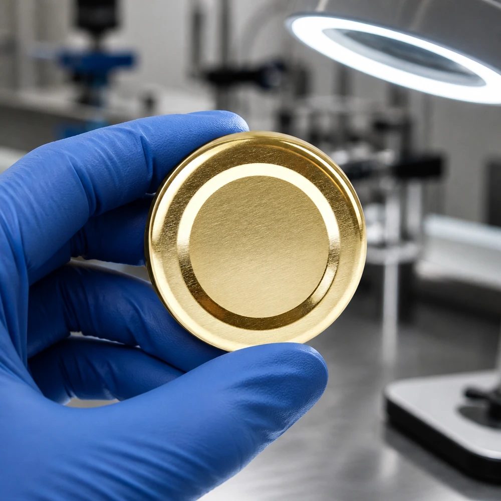 48 mm BasicSeal-deksel goud (TO48) UNiTWIST Kwaliteitscontrole van de 48 mm BasicSeal TO48-deksel, goudkleurig, UniTwist, in een productieomgeving